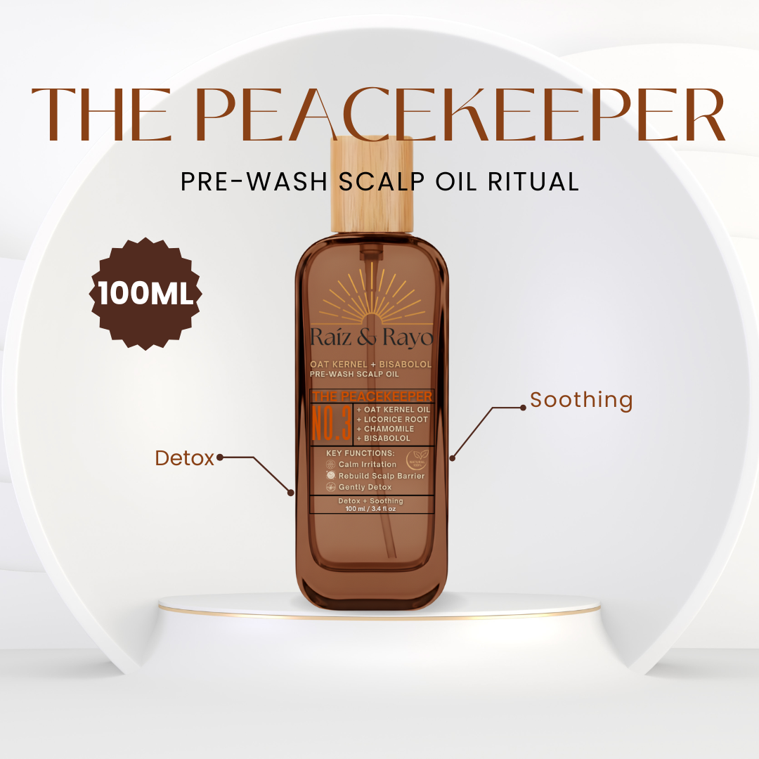 Bottle of Riaz & Rayo pre-wash scalp oil on a white background with text No.3  'The Peacekeeper'.