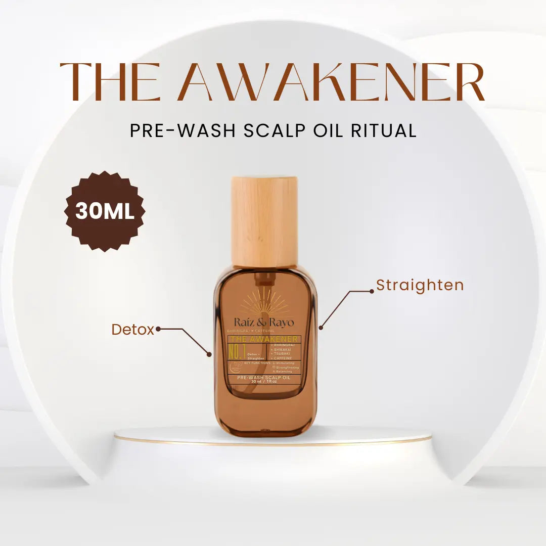 Raiz & Rayo 1oz Pre-wash scalp oil ritual product with 'The Awakener' branding on a white background